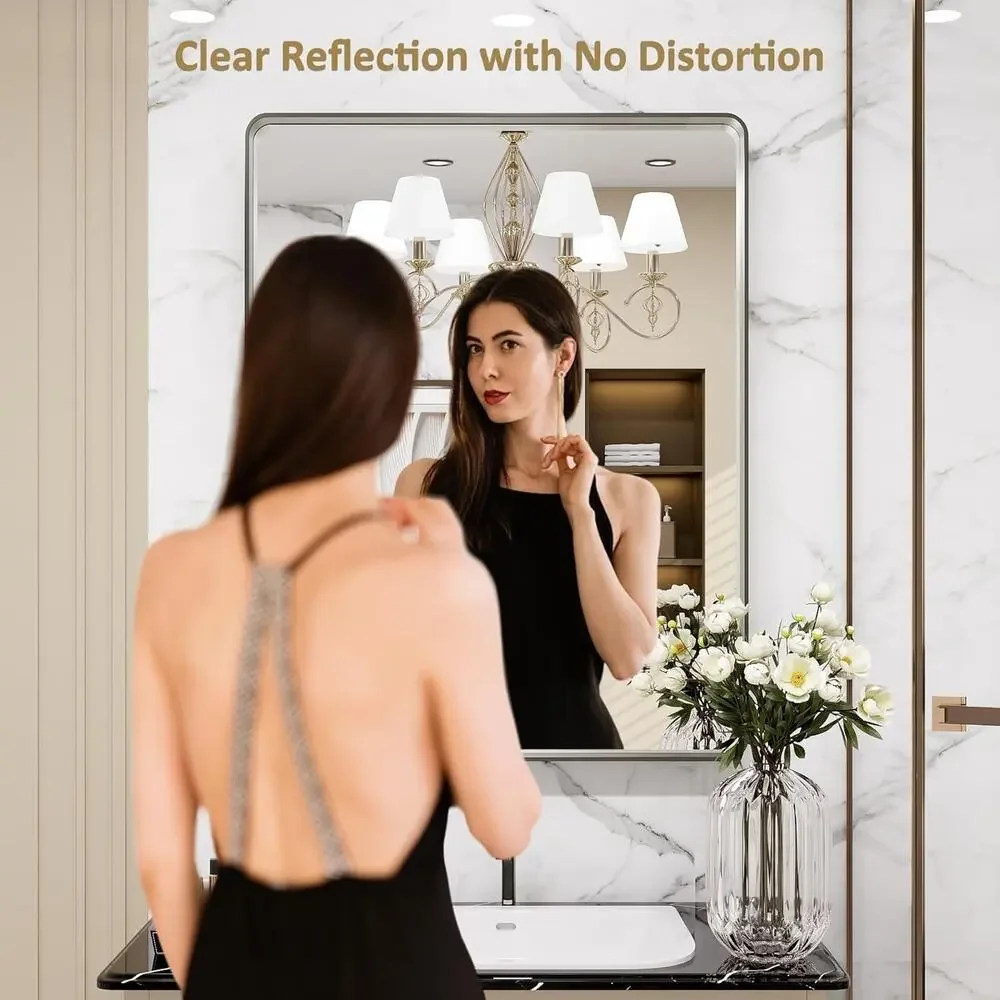 LOAAO 24X36 Inch Brushed Nickel Bathroom Mirror, Rounded Rectangle Silver Metal